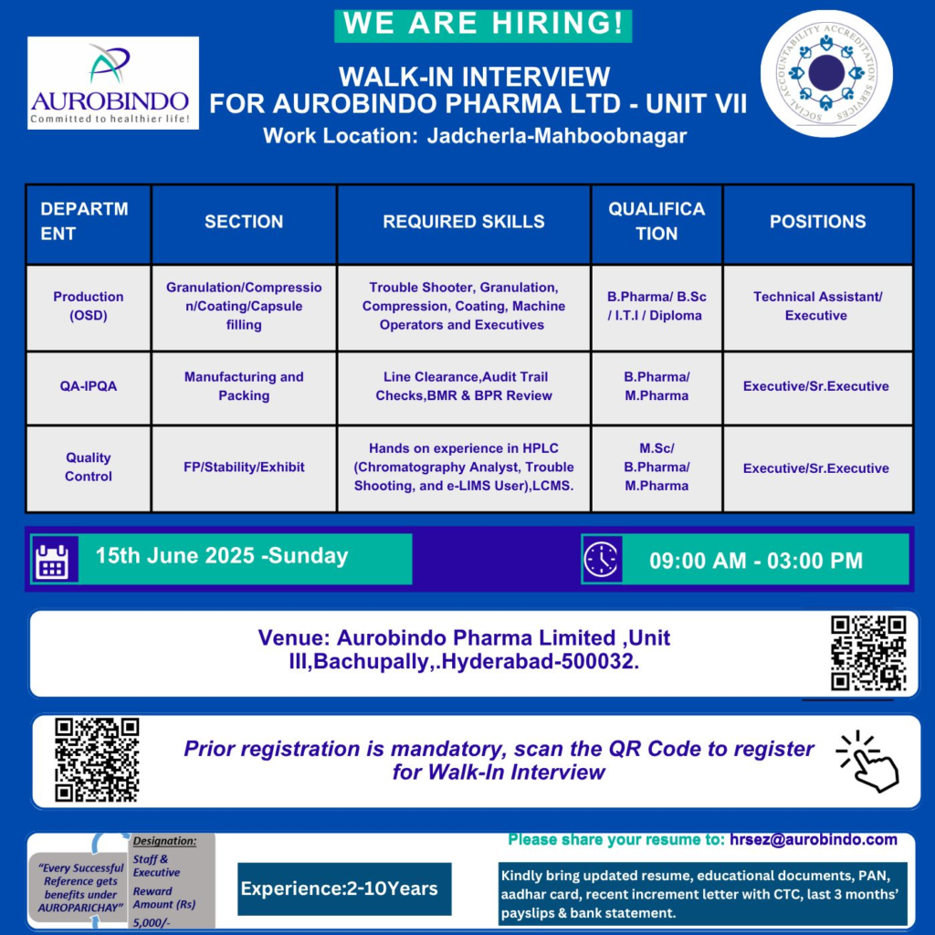 Aurobindo Pharma Walk-In Interview for Production (OSD), QA-IPQA and Quality Control in Jadcherla – 15th June 2025