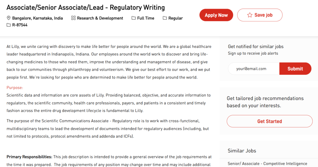 Eli Lilly and Company - Job Openings for Associate/Senior & Associate/Lead – Regulatory Writing