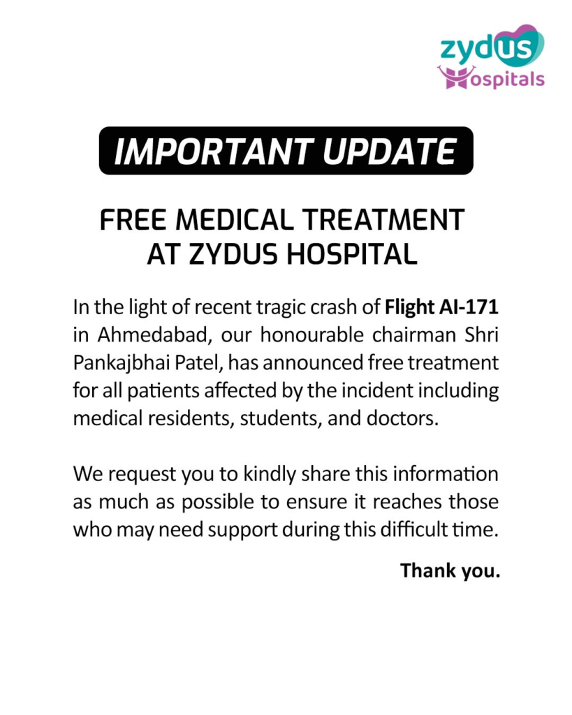 Zydus Hospitals Announces Free Medical Treatment for Flight AI-171 Crash Victims