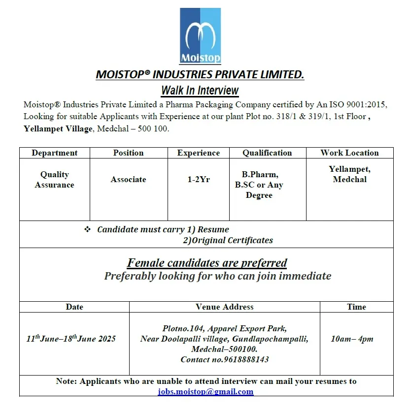 Moistop Industries Private Limited Walk-In Interview for Quality Assurance Associate in Medchal – 11th to 18th June 2025