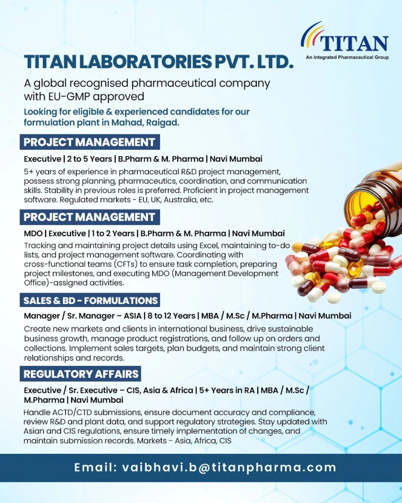 Titan Laboratories - Job Openings for Sales & Business Development, Project Management and Regulatory Affairs Roles
