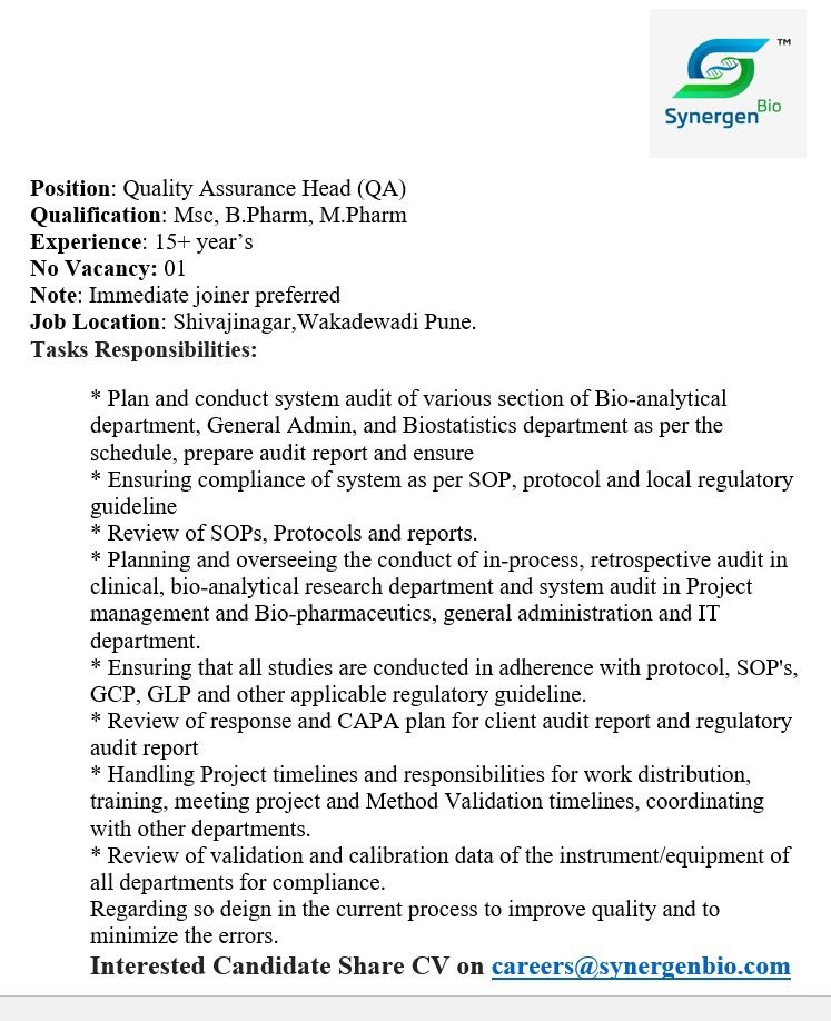 Synergen Bio - Job Opportunity for Graduates in Quality Assurance Head (QA) Position