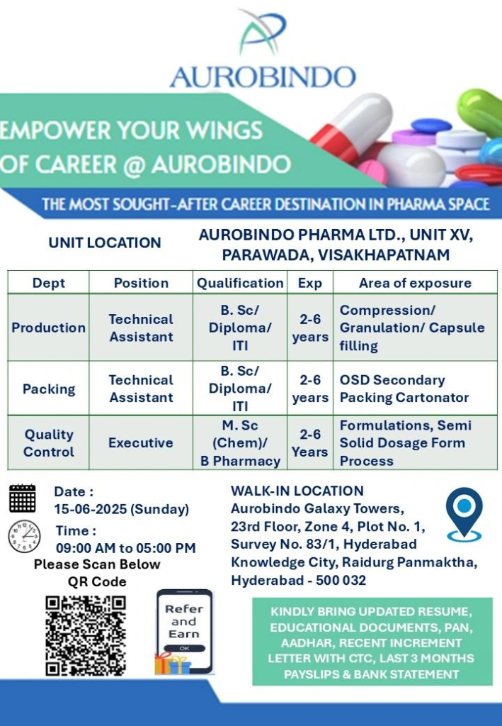 Aurobindo Pharma Walk-In Interview for Production, Packing, and Quality Control Roles – 15th June 2025