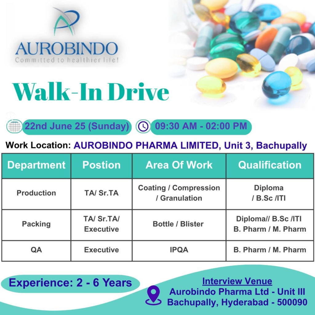 Aurobindo Pharma Walk-In Interview for Production, Qa & Packing Roles – 22nd June 2025