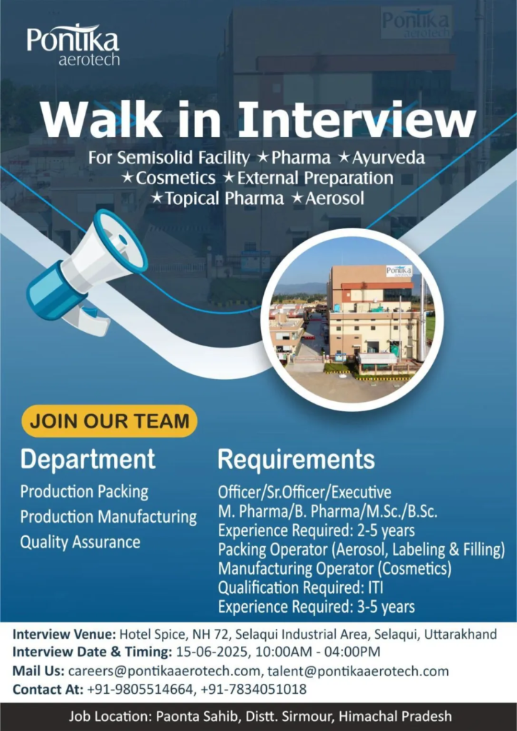 Pontika Aerotech Limited Walk-In Interview for Production Packing – Officer / Sr. Officer / Executive – 15th June 2025