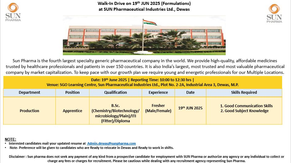 Sun Pharmaceutical Industries Walk-In Drive for Production Apprentice – 19th June 2025