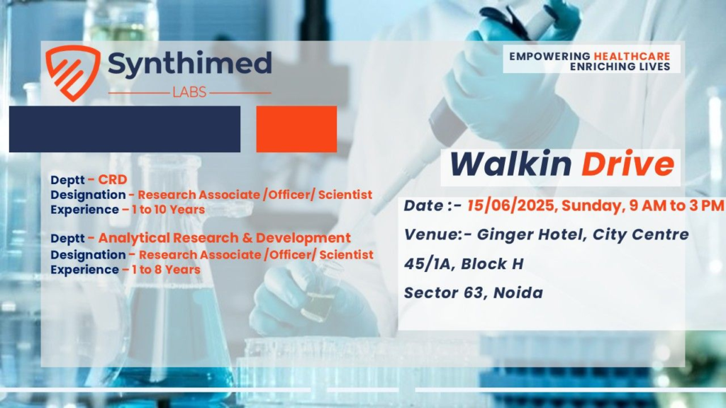 Synthimed Labs Walk-In Drive for Chemical Research Division (CRD) and Analytical Research & Development (ARD) in Noida – 15th June 2025