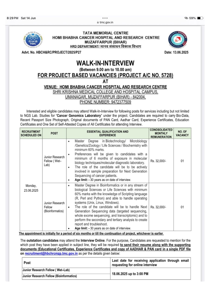 Tata Memorial Centre Walk in Drive for Junior Research Fellow Vacancies in Muzaffarpur on 18th June