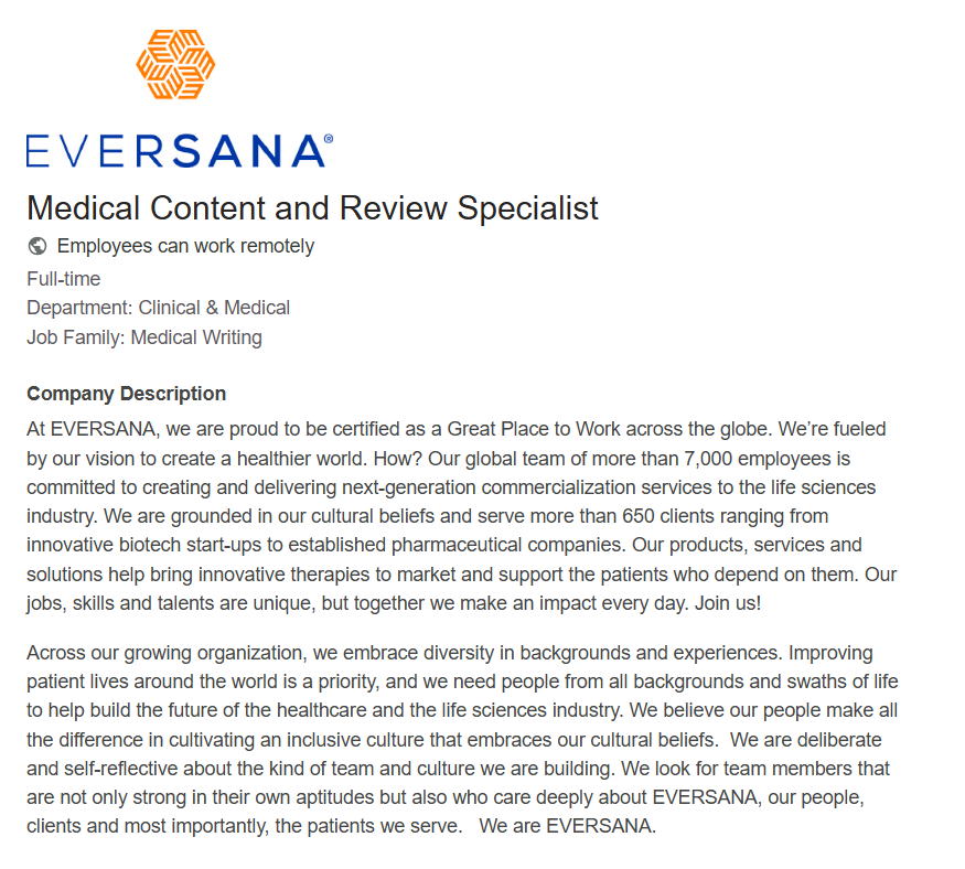 EVERSANA - Job Openings for Medical Content and Review Specialist (Remote)