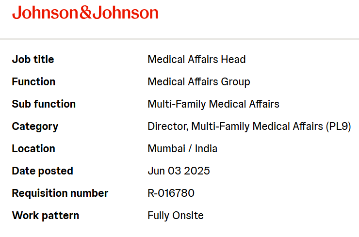 Johnson & Johnson is Hiring for Medical Affairs Head – Mumbai, India