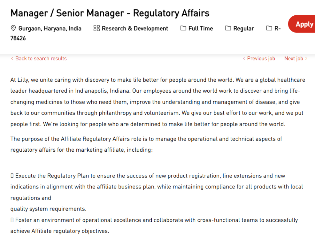 Eli Lilly and Company is Hiring for Manager / Senior Manager - Regulatory Affairs (Gurgaon, India)