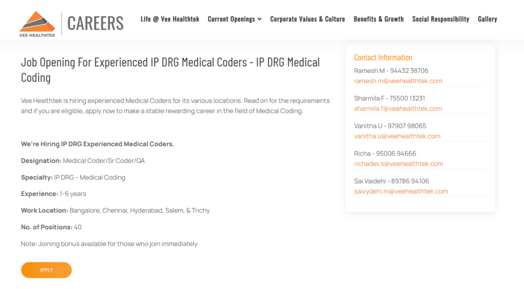 40+ Job Openings @ Vee HealthTek - Urgent Hiring for IP DRG Medical Coder