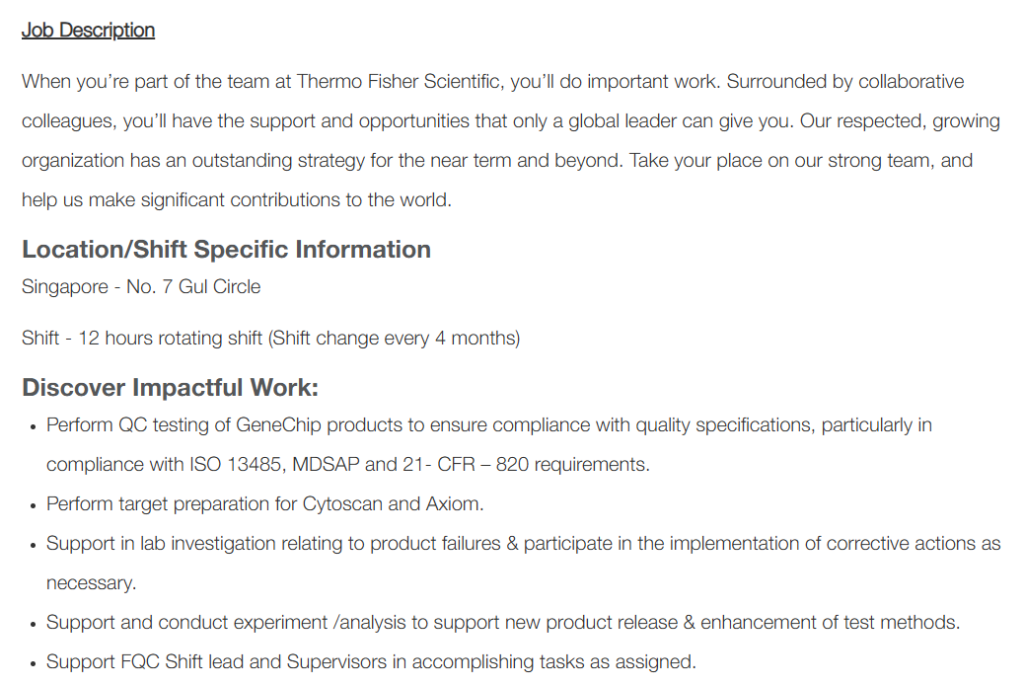 Thermo Fisher Scientific - Urgent Hiring for QC Technician [Fully Onsite]