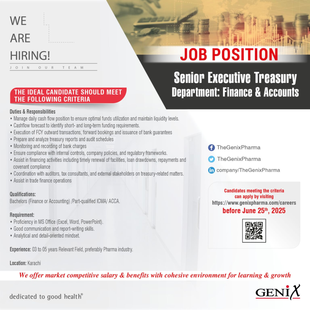 Genix Pharma is Hiring for Senior Executive Treasury – Karachi