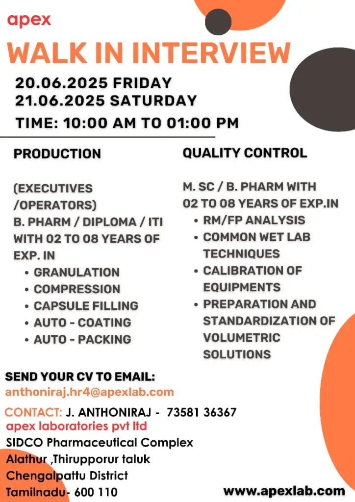 Apex Laboratories Walk-In Interview for Production & Quality Control on 20th & 21st June