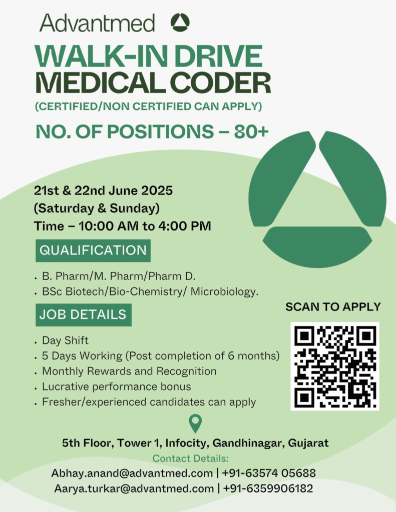 80+ Job Openings @ Advantmed India LLP Walk-In Drive for Medical Coders on 21st & 22nd June (0–5 Years Exp)