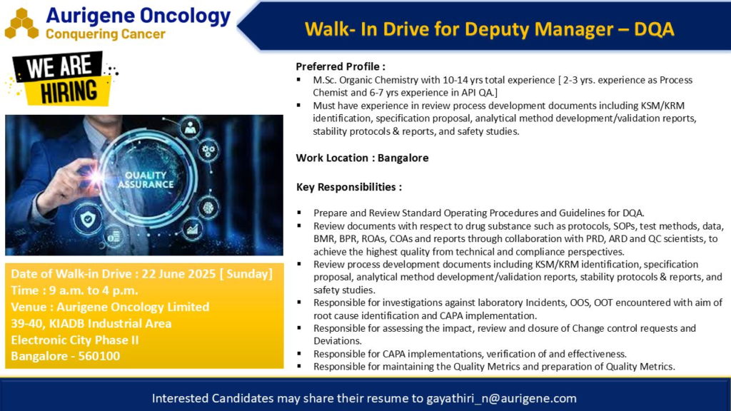 Aurigene Oncology Walk-In Drive for Deputy Manager – Quality Assurance on 22nd June