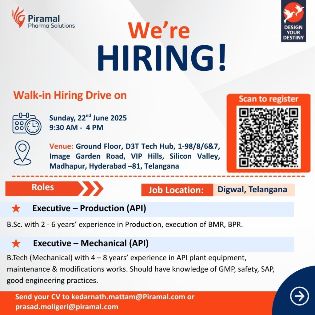 Piramal Pharma Solutions Walk-In Drive for Production and Mechanical Roles on 22nd June