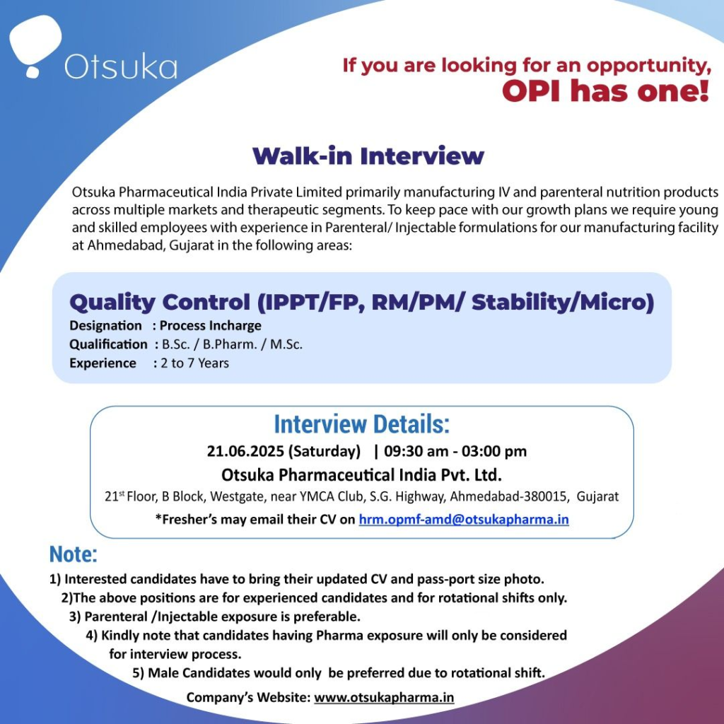 Otsuka Pharmaceutical India Walk-In Interview for Quality Control Roles on 21st June