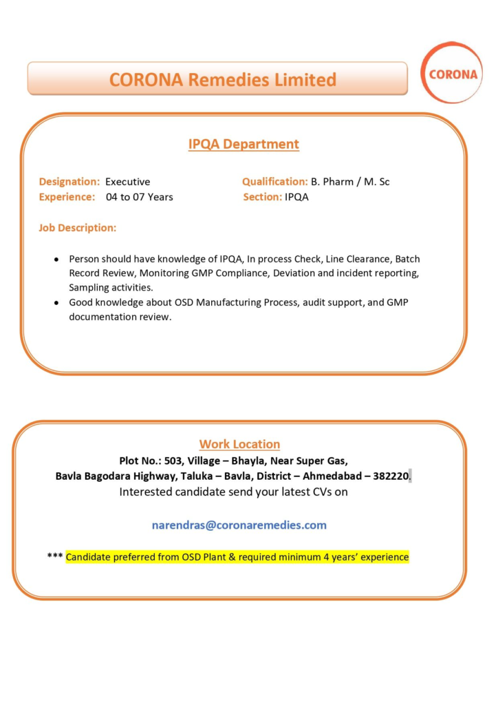 Corona Remedies Limited Walk-In Interview for IPQA Executive Role