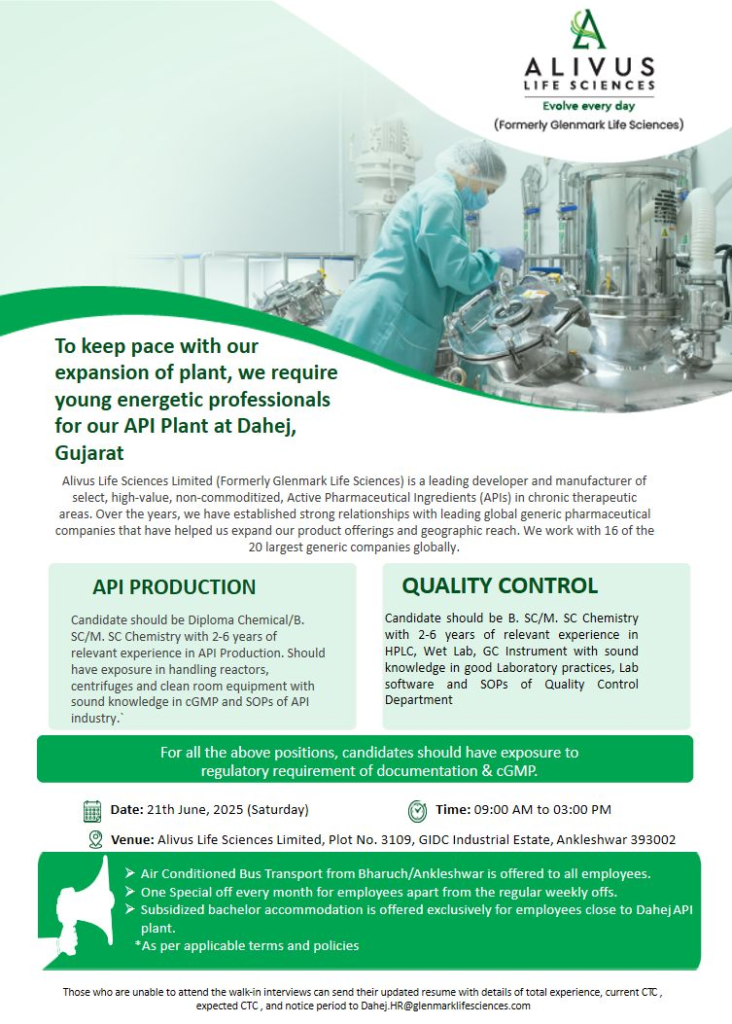 Alivus Life Sciences Walk-In Interview for API Production and QC Roles on 21st June