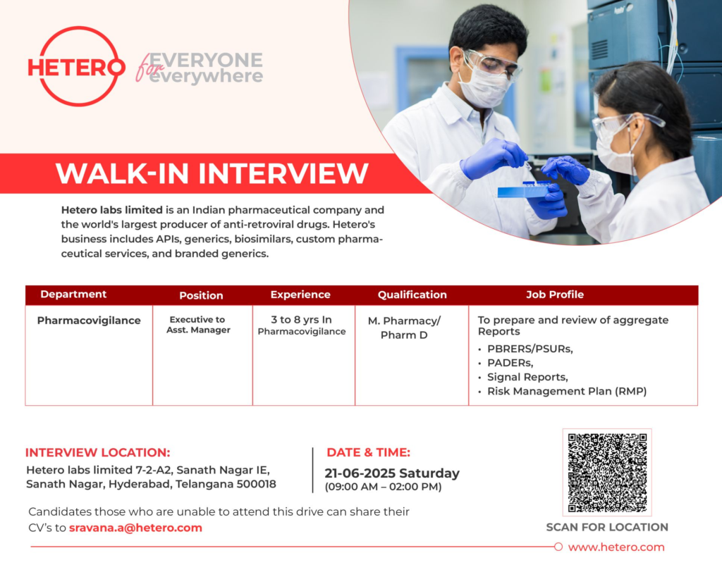 Hetero Labs Limited Walk-In Interview for Pharmacovigilance Roles on 21st June