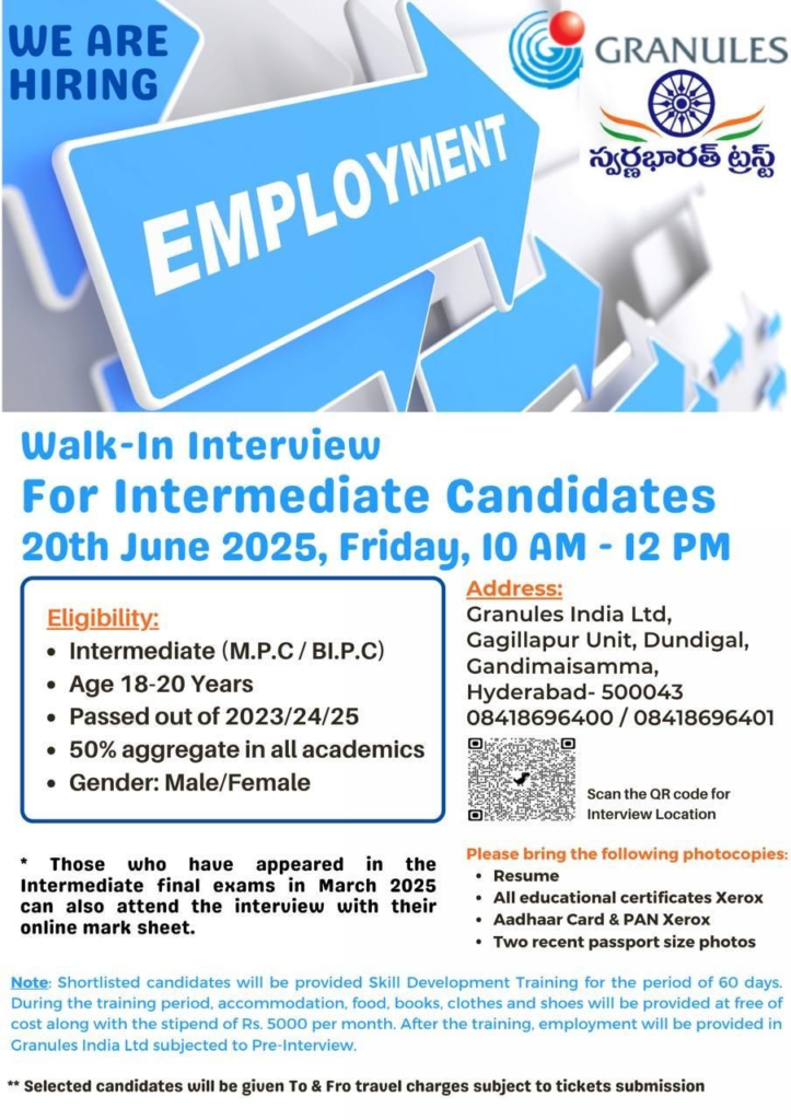Granules India Ltd Walk-In Interview for Intermediate Candidates for Skill Development Training Program on 20th June