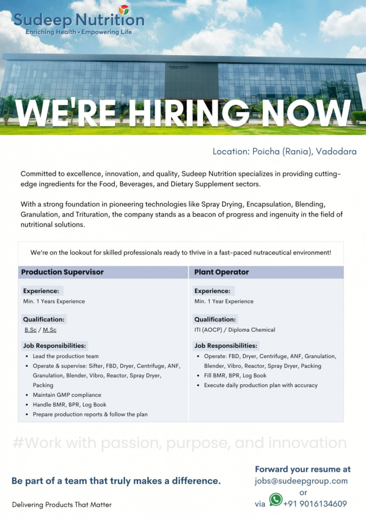 Sudeep Nutrition - Job Openings for Production Roles (B.Sc./M.Sc.)