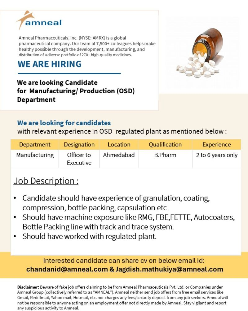 Amneal Pharmaceuticals - Job Openings for Manufacturing Roles
