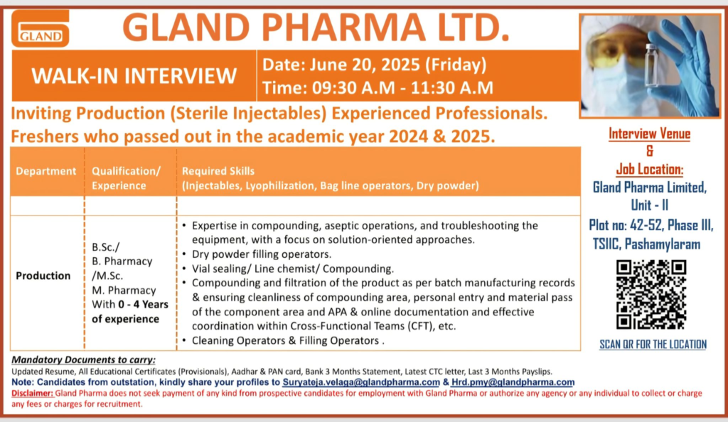 Gland Pharma Ltd Walk-In Interview for Sterile Injectables Roles on 20th June (Freshers)