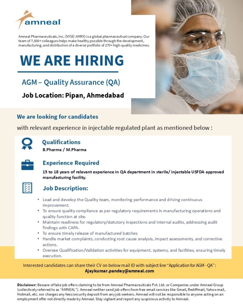 Amneal Pharmaceuticals - Job Openings for AGM - Quality Assurance
