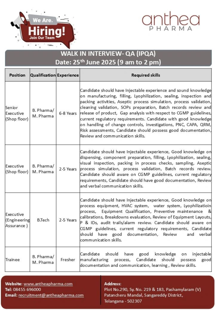 Anthea Pharma Walk-In Interview for Quality Assurance (IPQA) Roles on 25th June