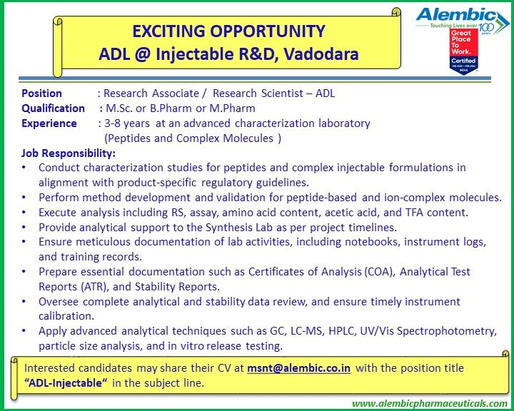 Alembic Pharmaceuticals is Hiring for ADL Roles in Injectable R&D