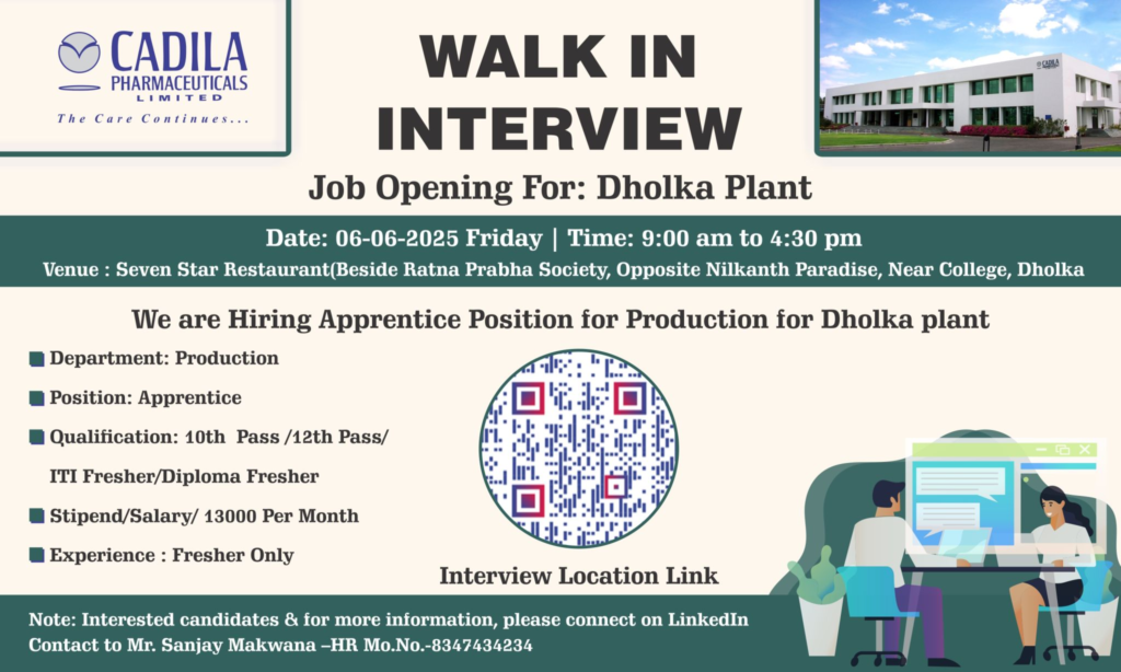 Cadila Pharmaceuticals Limited Walk-In Interview for Apprentice Roles