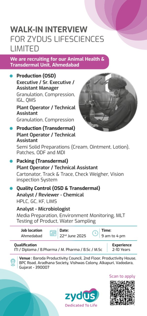 Zydus Lifesciences Limited Walk-In Interview for Animal Health & Transdermal Unit on 22nd June