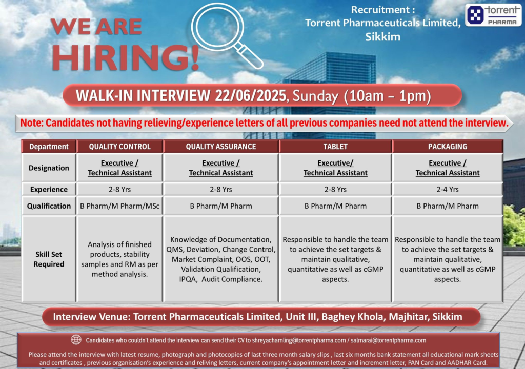 Torrent Pharmaceuticals Limited Walk-In Interview for Multiple Roles on 22nd June