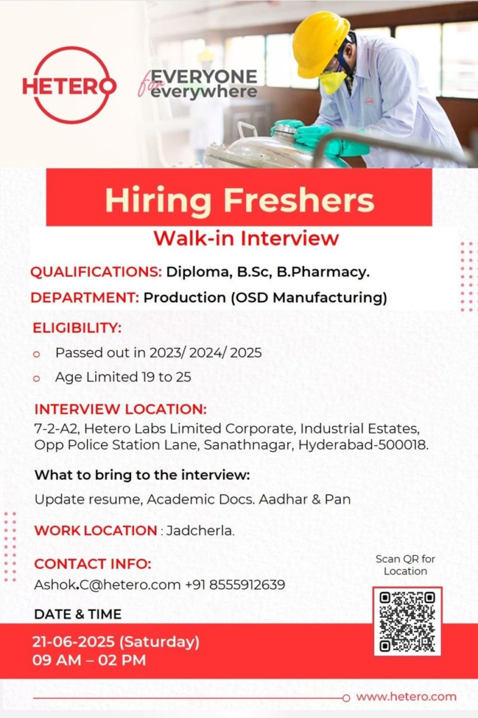 Hetero Labs Walk-In Interview for Freshers for Production - Diploma, B.Sc, B.Pharmacy