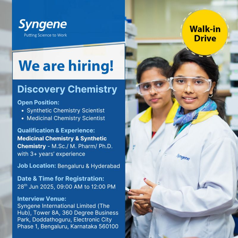 Syngene Walk-in Drive for Discovery Chemistry Scientists on 28th June