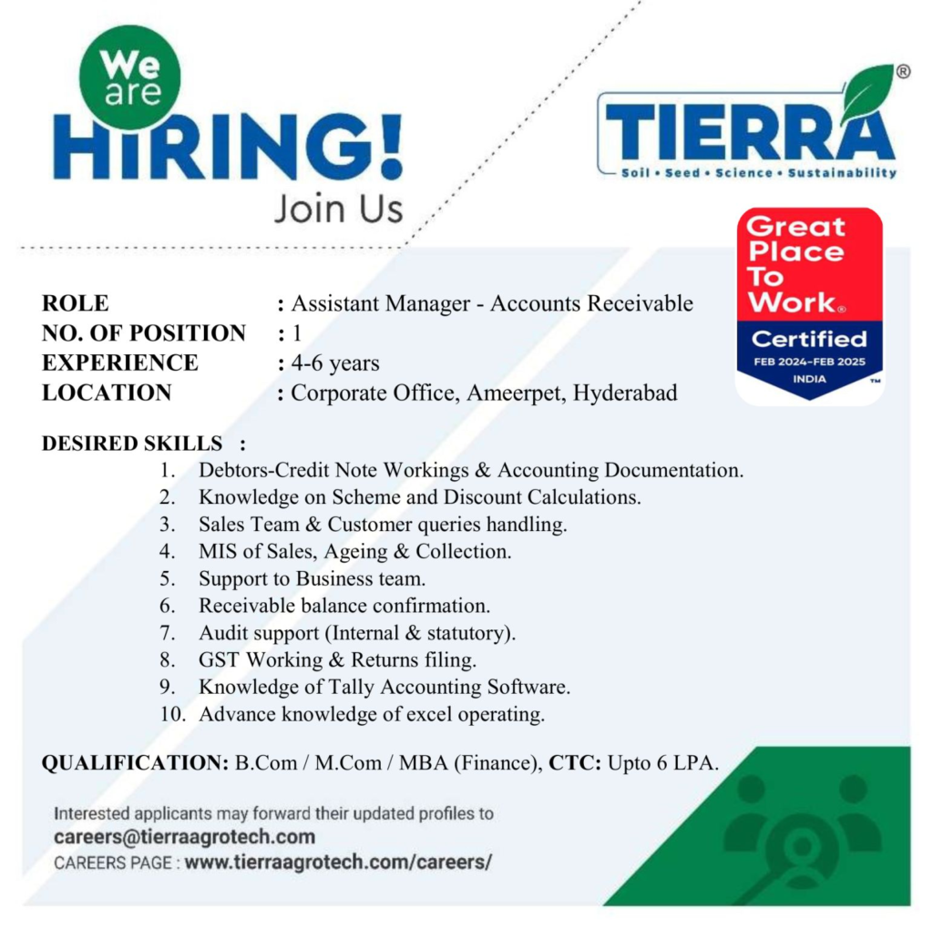 Tierra Agrotech Hiring for Assistant Manager - Accounts Receivable in Hyderabad
