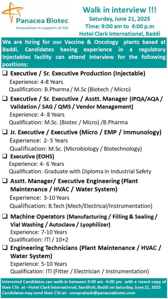 Panacea Biotec Walk-in Interview for Vaccine & Oncology Roles on 21st June