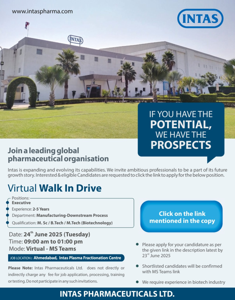Intas Pharmaceuticals - Virtual Walk-in Drive for Downstream Process Executives on 24th June