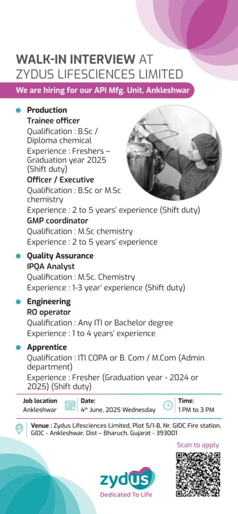 Zydus Lifesciences Limited walk in interview