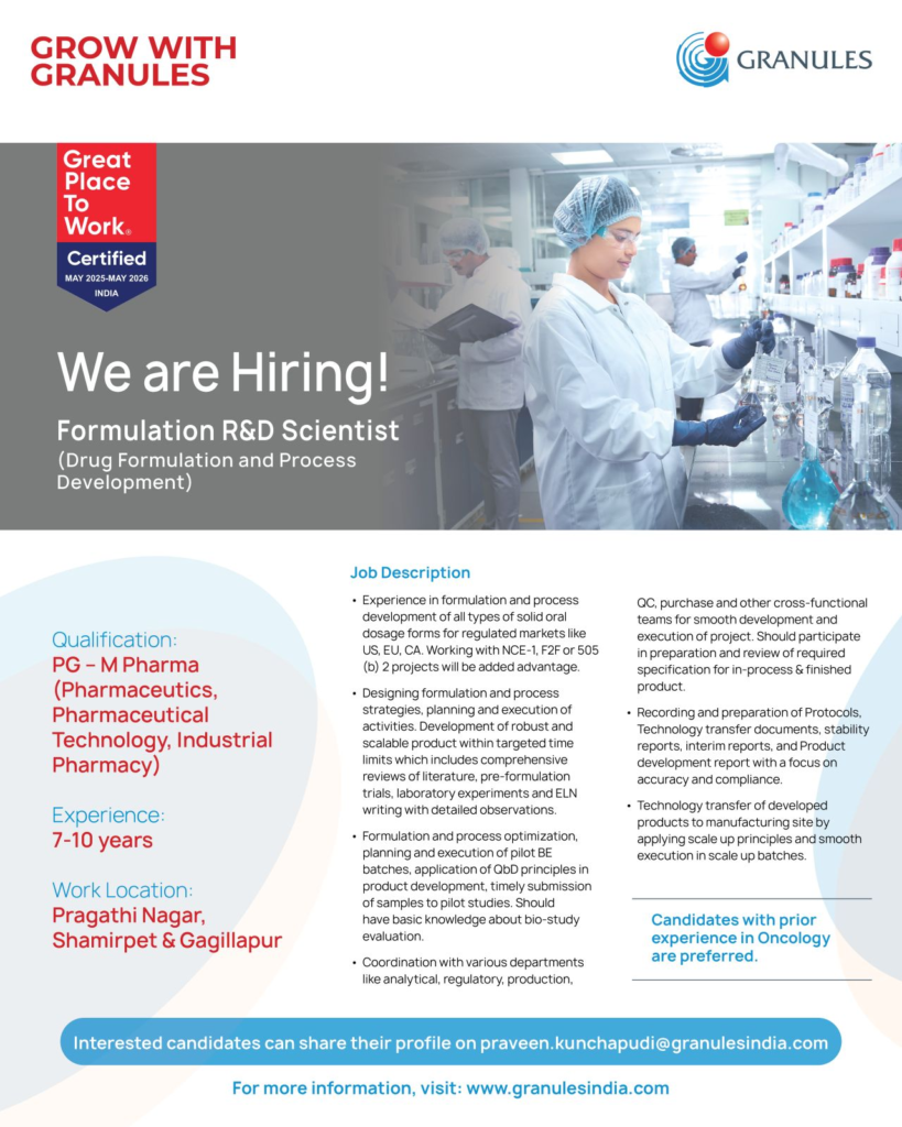Granules India is Hiring for Formulation R&D Scientist Opportunity in Hyderabad