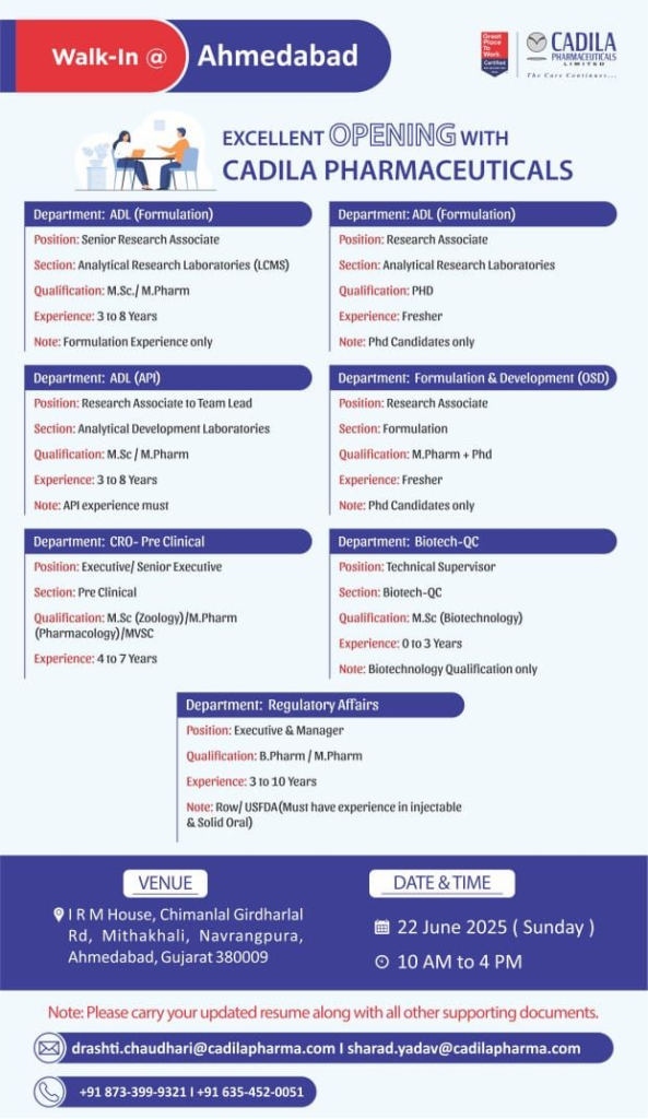 Cadila Pharmaceuticals Walk-in Drive for R&D and Biotech Roles in Ahmedabad - 22nd June