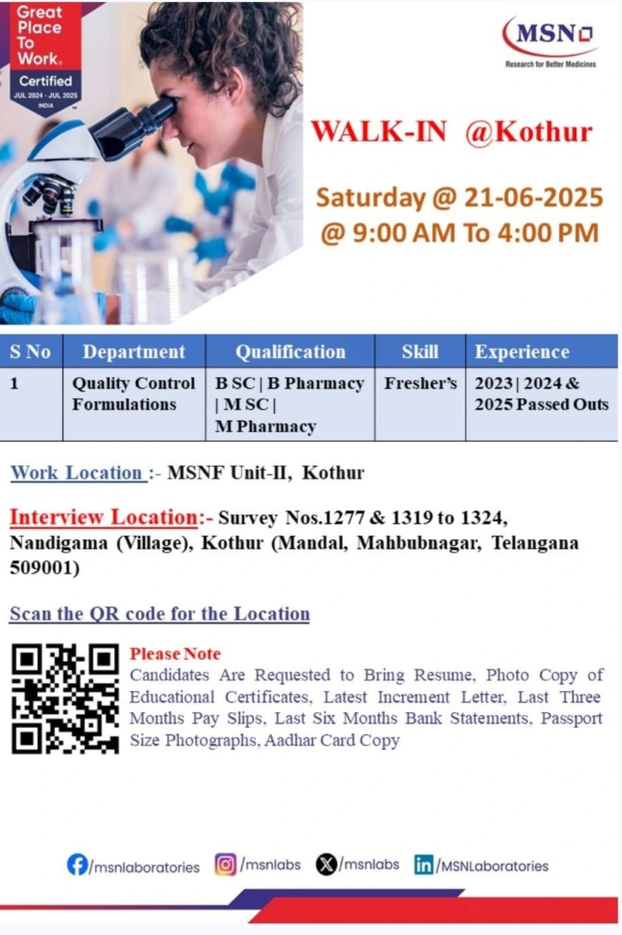 MSN Laboratories Walk-in Drive for Quality Control Formulations (Freshers) in Kothur on 21th June