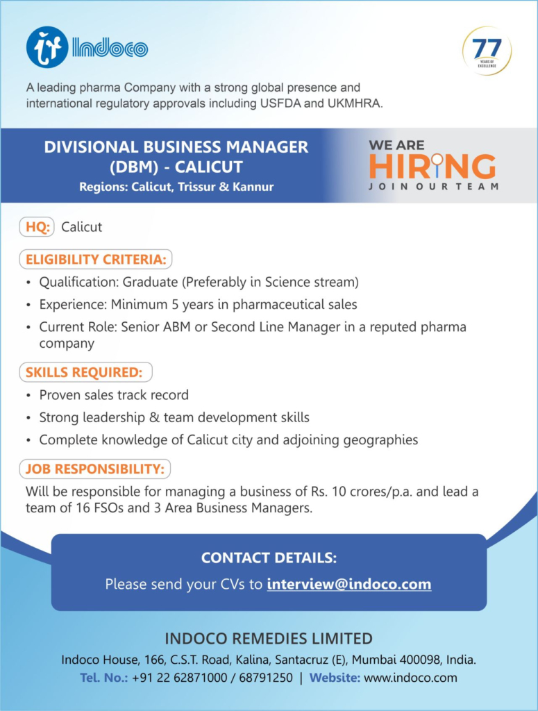 Indoco Remedies is Hiring for Divisional Business Manager (DBM) Opportunity in Calicut
