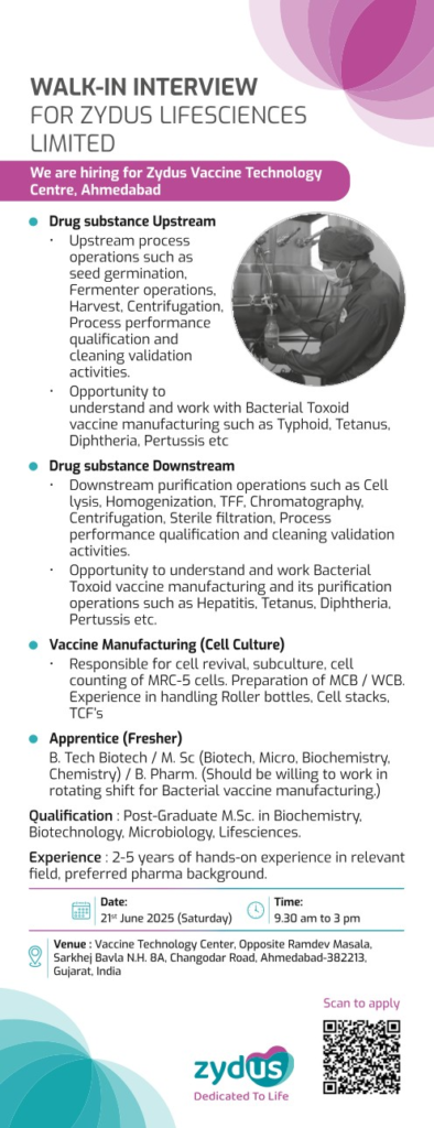 Zydus Lifesciences Walk-in Drive for Vaccine Technology Centre in Ahmedabad on 21st June (Freshers)