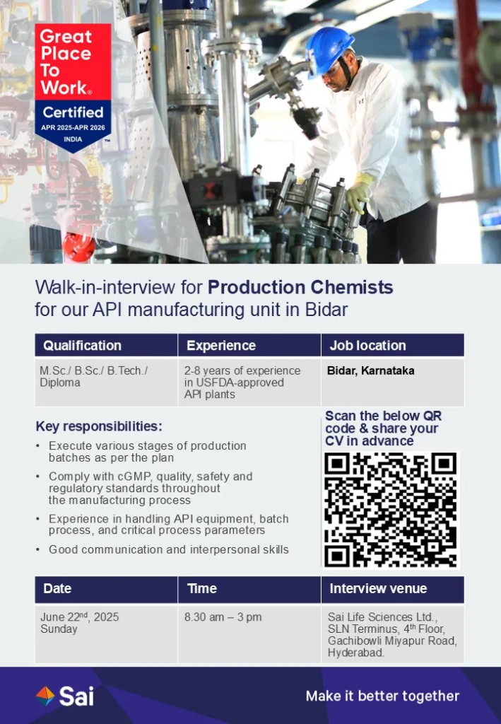 Sai Life Sciences Walk-in Interview for Production Chemists in Bidar on 22nd June