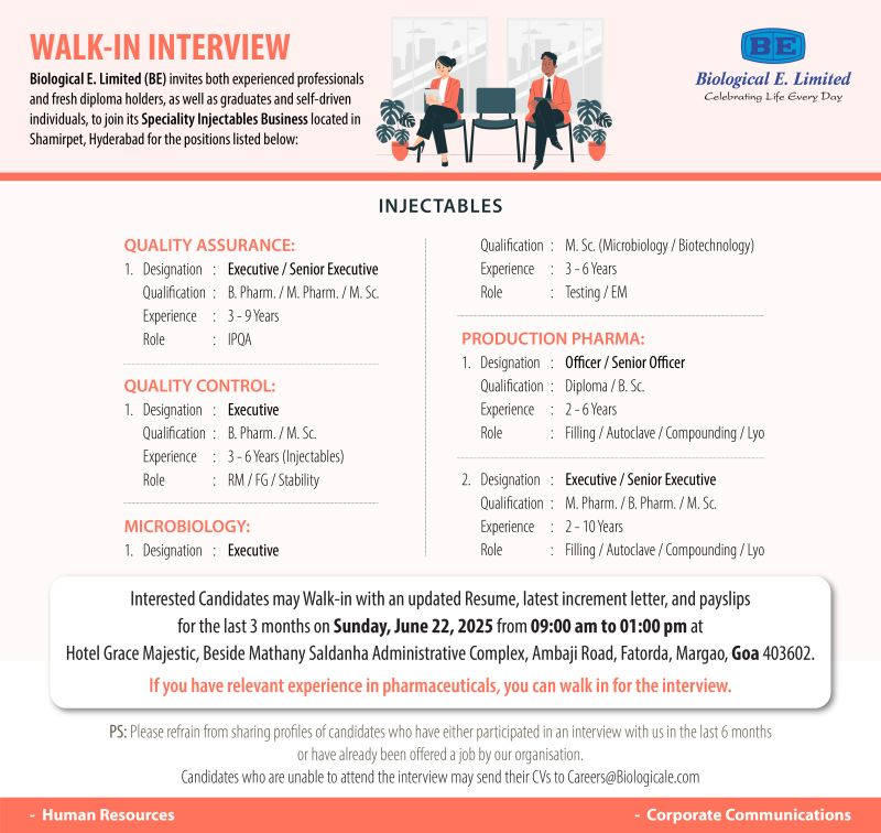Biological E. Limited Walk-in Interview for Specialty Injectables in Shamirpet, Hyderabad on 22nd June