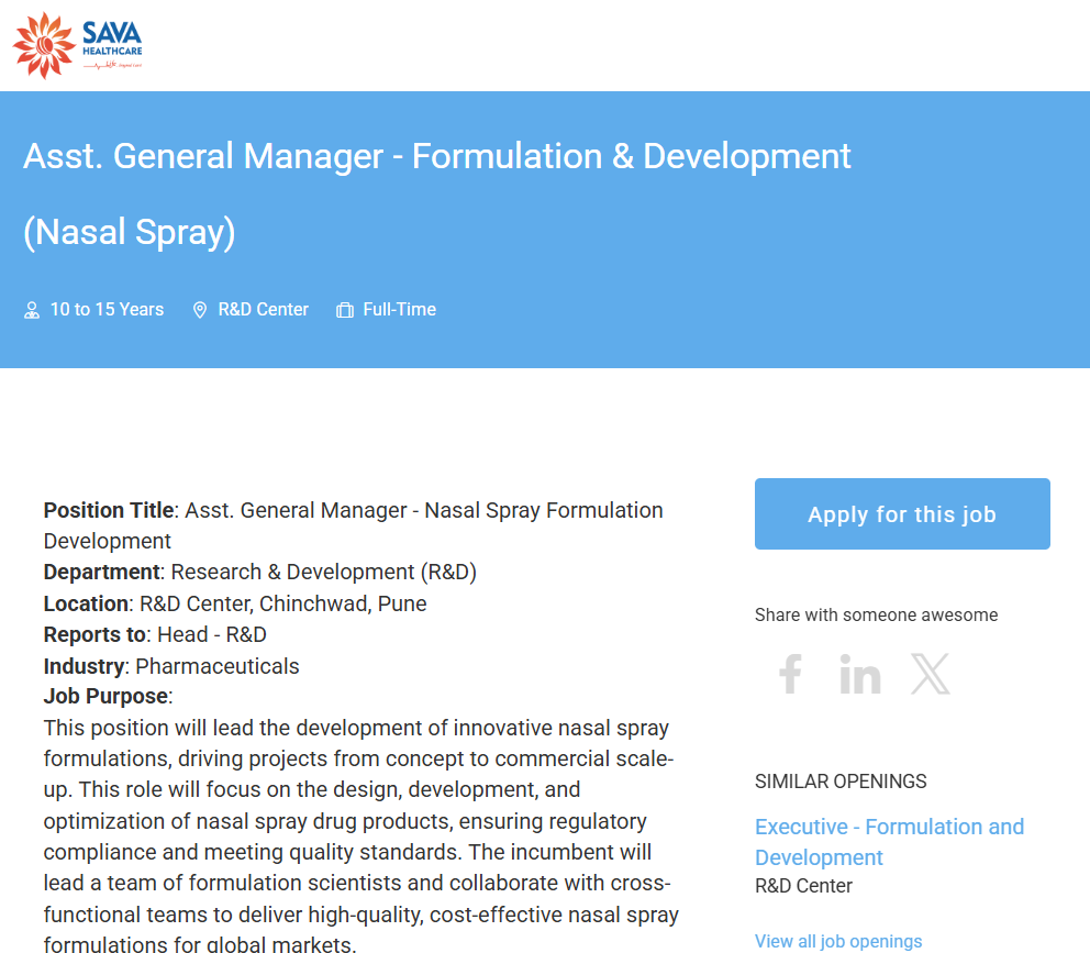 Sava Healthcare Hiring for Assistant General Manager - Nasal Spray Formulation Development in Pune